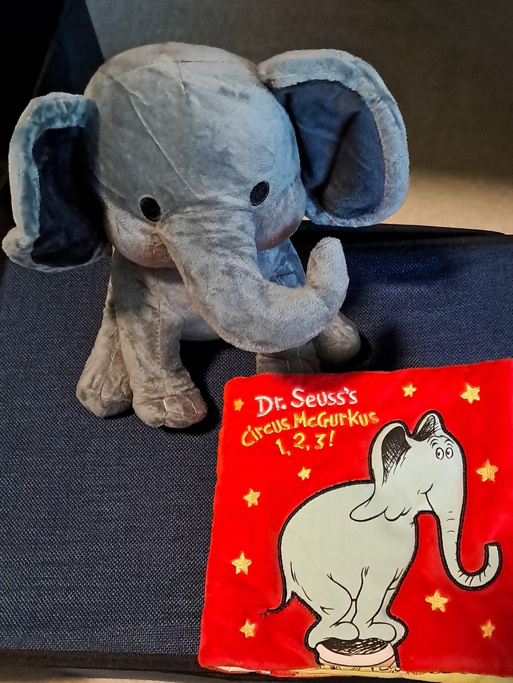 Gray Plush Elephant with Dr Sruss Fabric Book